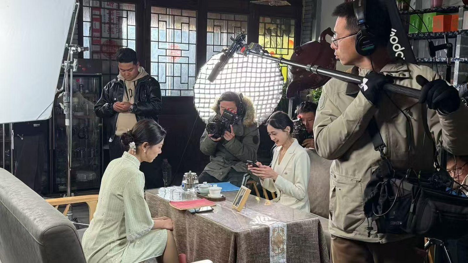 Production crew filming on location